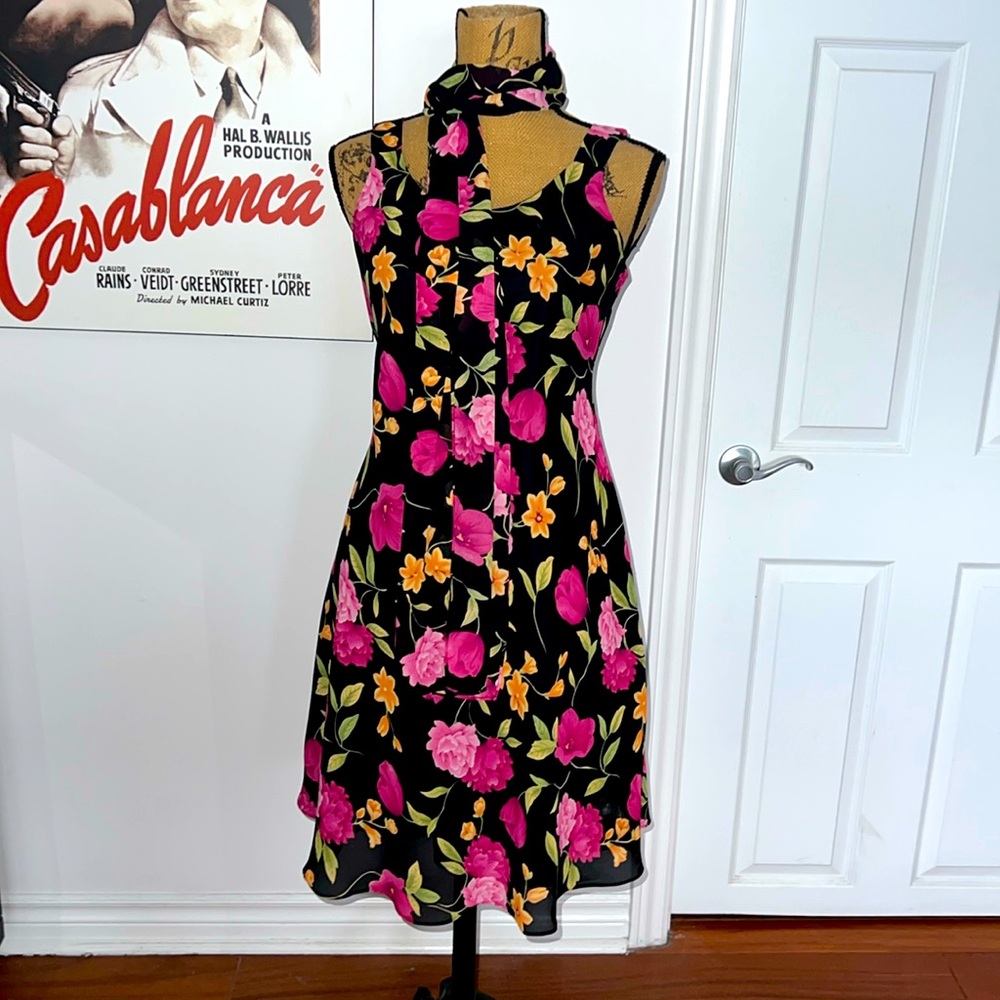 Vintage black floral mini dress with matching shawl